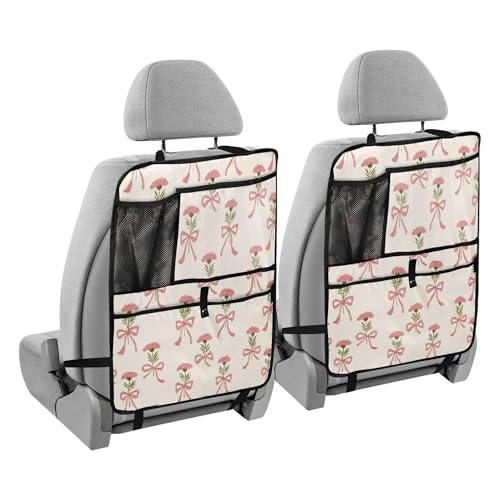 OTVEE 2 PCS Carnation Flower Bow Car Backseat Organizer with Tablet Holder, Cute Polyester Car Kick Mats Back Seat Protector with Mesh Pockets for Kids Toddlers Road Trip Essentials, Hanging Auto