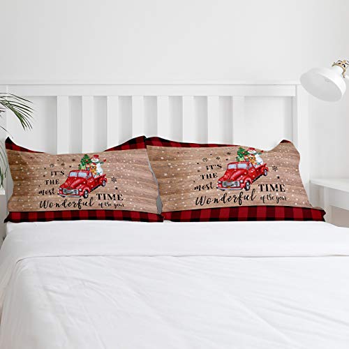 Idowmat 3 Piece Comforter Cover Set California King, Christmas Truck With Xmas Tree And Snowman Red Lattice Border Soft Bedding Set For Kids Teens Children Adults (1 Duvet Cover And 2 Pillowcases) #TOP4