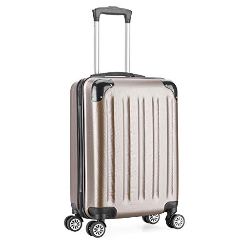 Valise Taille Cabine Trolley ABS Super légère Rigide Low Cost à 4 roulettes, Dorée, S(40L)