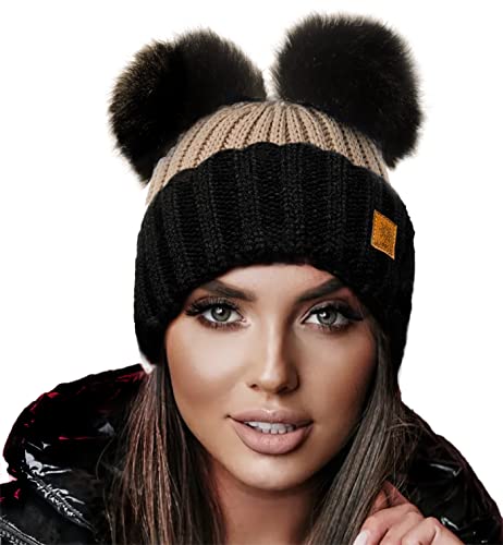 4sold Miki Farbe Damen Wintermütze Wolle Strickmütze Mit Doppelten Pom Pom Cap Ski Snowboard Bobble (Beige Black)