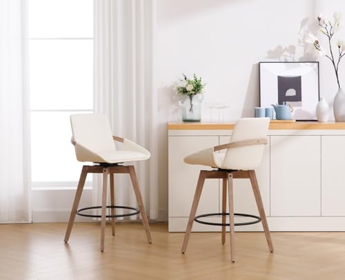 CIMOTA Leather Swivel Bar Stools Set of 2, Mid-Century Modern Counter Height Chairs with Faux PU Upholstery and Natural Wooden Legs for Kitchen Island, 26 Inch/Beige - Thumbnail 4