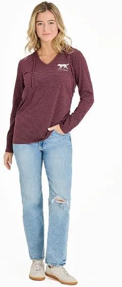 Life is Good Women's Dog Walking Long Sleeve Striped Crusher-LITE Hooded Tee, Deep Burgundy