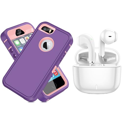 Bluetooth 5.3 Wireless Earbuds & Dual-Layer Shockproof Case for iPhone 5/5s/SE (2016), True Wireless Headphones for Android/iSO & Heavy Duty Rguuged Protective Phone Case for iPhone 5/5s, Purple Pink