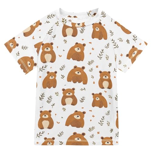 ALAZA Kids Rash Guard Girls Boys Toddler Swim Shirts Short Sleeve Bear Leaf UPF 50+ 3T