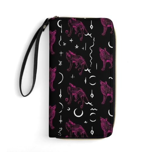 Long PU Zipper Wallet With Rope, Travel Purse Fashion Design, Huge Storage Capacity Wallet, Cute Decor Purse For Men And Women Mystical Goth Fire Dark Purple Galaxy Foxes Moon Black