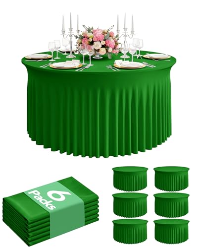 6 Pack Spandex Table Cover Skirts for 60 inch Round Tables, Green Stretch Table Cloths with Floor-Length Ruffle, Elastic Fitted Skirted Tablecloth for Elegant Wedding Banquet Party Buffet Decoration