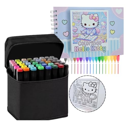 Kit caderno para Colorir Hello Kitty com Caderno de Atividades + estojo com 24 Canetinhas Coloridas em Maleta portátil