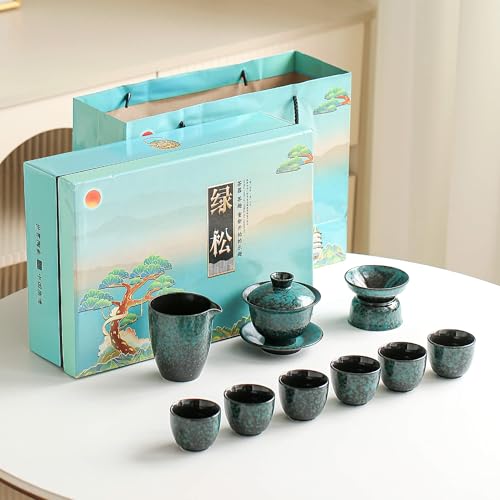 LAVINTTO Chinese Tea Set, 10-Piece Ceramic Set with Teapot and Cups, Gongfu Tea Set,Tea Gift Sets,Outdoor and Office (Dark Green) by LAVINTTO - Used condition - US$36.65