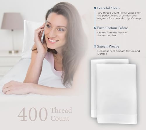 Image of Royale Linens 400 Thread Count 100% American Grown Cotton King Pillowcase Set - Luxury Sateen King Pillow case - 20 inchx40 inch Inch Soft & Smooth Set of 2 White Pillowcases - (King, Signature White)