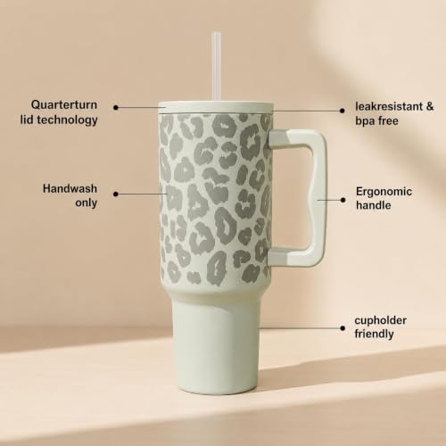 Image of MYOZ 1200ML Stainless Steel Water Mug with Handle, Lid, 2 Straws Leak-Proof Cupholder Tumbler for Gym, Travelling- Spill-Proof 40 oz Bottle (Beige Leopard)