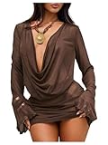 MakeMeChic Women's Mesh Sheer Fall Wedding Guest Dress Long Sleeve Cowl Neck Mini Dress Brown Small