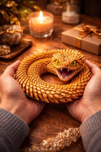 Articulated Crystal Snake β 3D Printed Flexible Snake Figurine, 58 cm (23 in) Poseable Serpent with Movable Mouth, Realistic Eyes, Fantasy Desk Decor (Ages 14+), (Gold) - 5