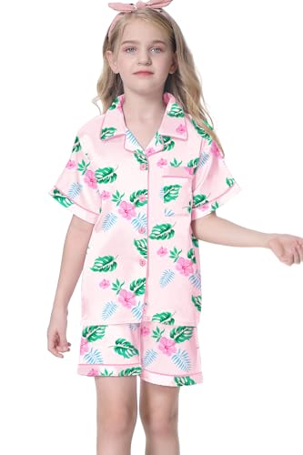 Image of Umeyda Women & Girls Pajamas Set, Soft Satin Lightweight Silk Button-Down Top with Shorts 2 Piece PJS for Mom Boys Kids Gifts