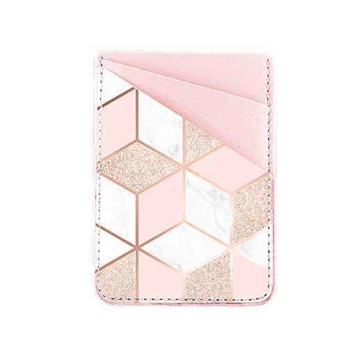 uCOLOR Phone Card Holder, Leather Phone Wallet Adhesive Stick On Stretchy Credit Card Pocket for Back of Phone Case iPhone and Android (Rose Gold Glitter White Marble)