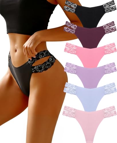 Image of FINETOO Seamless Thongs for Women 6 Pack Sexy V-Wasit Womens Underwear No Show T-back Panties for Women