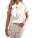 HESYSUAN Camisas de satén con cuello de lazo para mujer, elegantes blusas de seda de manga larga, casual, elegante, para negocios, trabajo, 2025, Blanco-1, M