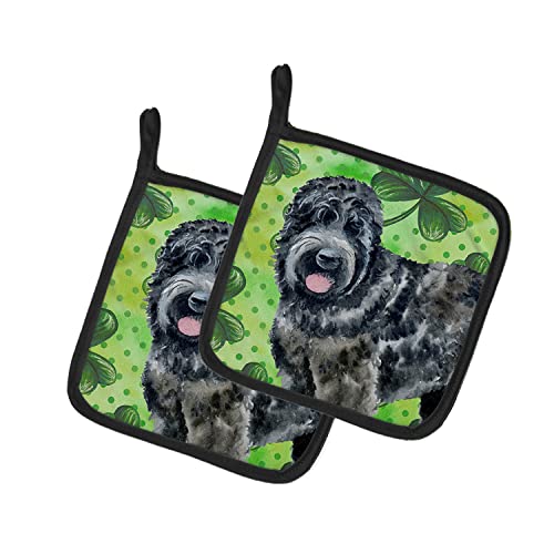 Caroline's Treasures BB9851PTHD Black Russian Terrier St Patrick's Pair of Pot Holders, Green Kitchen Heat Resistant Pot Holders Sets Oven Hot Pads for Cooking Baking BBQ, 7 1/2 x 7 1/2