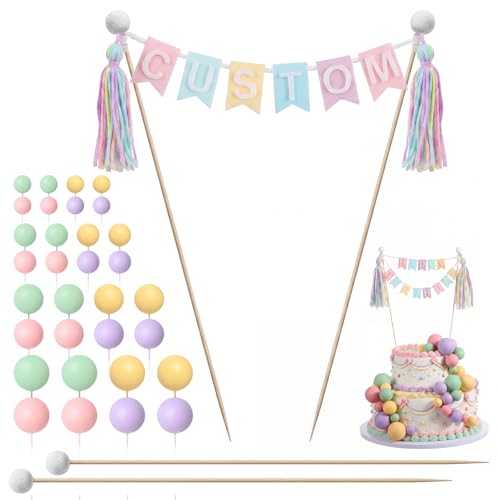 Breling 112 Pcs Custom Cake Banner Topper Set with Ball Cake Topper Decorations for DIY Personalized Handmade Flag Banner Custom Name Birthday Toppers for Boys Girls Birthday Baby Shower(Pastel)
