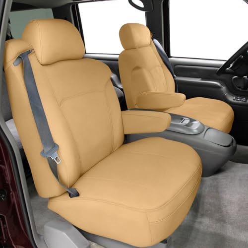 Kistrba Seat Cover Compatible with 1999-2002 Chevy Silverado, Suburban, Tahoe, GMC Sierra, Yukon, Yukon XL, Heavy Duty Neoprene Front Bucket Seat Cover with Integrated Seat Belts, Charcoal, Tan