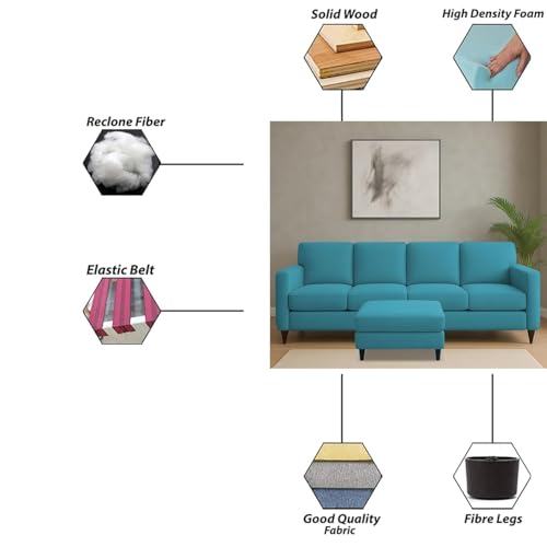 Image of Carlos 5 Seater with Ottoman Sofa Set for Living Room (Turquise Colour Fabric) Premium Fabric Sofa Set