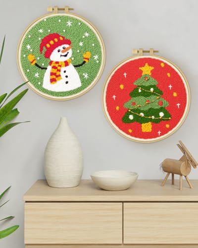 Image of ERKOON Christmas Punch Needle Kit Adults Beginners, 2 Pcs DIY Easy Embroidery Set for Starter Art Craft, Needling Punch Project with Patterns, Tools, Yarns, Hoop, Instruction (ChristmasTree & Snowman)