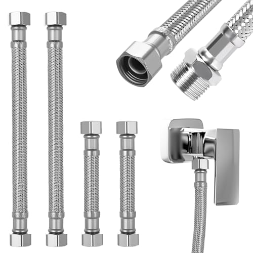4 Pcs Latiguillos de Fontanería, Manguera de Conexión Flexible Mangueras de Grifo G3/8', Conectores Latiguillos de Grifería Mangueras Trenzadas de Acero Inoxidable para Baños Cocinas(10 cm, 20 cm)
