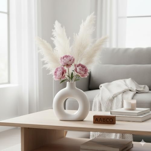 Image of Modern Ceramic Ring Vase Pink Floral Stems, White, Decorative Flower Holder for Home (4 INCH)