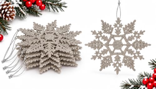 Image of 12pk Glitter Snowflake Hanging Decorations, Christmas Tree Snowflake Baubles/Ornaments (Champagne Gold)