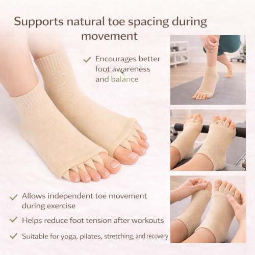 Image of Foot Alignment Orthopedic Cotton Socks for Men & Women | Five Toe Separator | Foot Pain Relief | Bunion Corrector | Plantar Fasciitis Support | Improves Posture & Flexibility | Free Size | Beige | 1 Pair