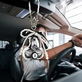 Lucky 8 Ball With Pearl Bow & Disco Mirror Ball Cute Car Charm Accessory Rear view Mirror Hanging Accessories Ornament, for Women, Car Interior Decoration, Good Luck Amulet Pendant, Gift for Drivers