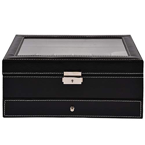 Klockförvaring box 2 lager 12 fack smycken klockor visa låsbart glas lock förvaringslåda med smyckeslåda svart klocka låda fodral display organisering förvaring (färg: Svart, storlek: 30 x 20 x 12,8 cm)