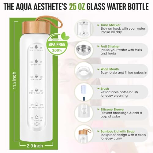 Aqulea Glass Water Bottles 25 Oz with Silicone Sleeve - BPA Free Reusable Wide Mouth Glass Motivational Water Bottles with Fruit Infuser – Leak Proof Borosilicate Water Bottle with Time Marker (White)