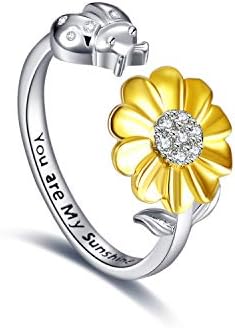 YFN Bee-lieve You Are My Sunshine Rings Sterling Silver Sunflower with Bee/Ladybird Open Adjustable Ring for Women Girls
