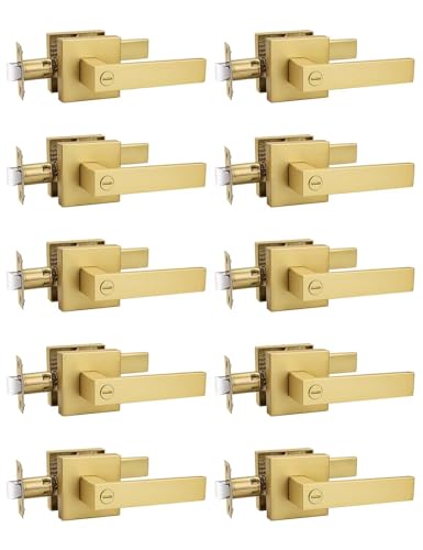 Tinewa 10 Pack Heavy Duty Gold Square Privacy Interior Door Levers Satin Brass Finish Bedroom and Bathroom Door Handles Keyless Bed/Bath Lockset