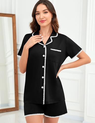 Image of SWOMOG Womens Button Down Pajamas Set Short Sleeve Sleepwear Bride Soft Pj Lounge Sets XS-3XL