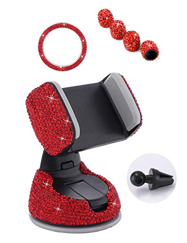 Bling Car Phone Mount Crystal Car Interior Decoration Universal Cell Phone Holder Clip with Base for Dashboard Windshield and Air Vent – with Ring Emblem Sticker and 4 Valve Stem Caps (Red)