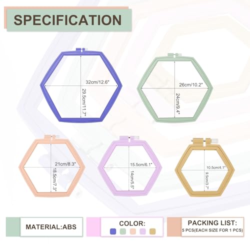 Image of PATIKIL 5 Pieces 5 Sizes Hexagonal Embroidery Hoops, Adjustable Cross Stitch Hoops Ring ABS Plastic Embroidery Frame Punch Needle Hoop for Sewing, Needlework, DIY Craft, Multicolored