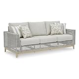 Signature Design by Ashley Seton Creek Cottage Nuvella Weather Resistant Fabric Outdoor Sofa with Cushion and 4 Throw Pillows, Light Brown & Light Gray
