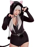 Mobbunny Women Cute Cat Hooded Bodysuit Fluffy Plush Bodycon Romper Fuzzy Onesie Pajamas Jumpsuit with Tail Belt (Black, medium)