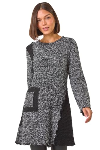 Image of Roman Originals Textured Pocket Detail Longline Jumper for Women UK - Ladies Everyday Autumn Winter Round Neckline Comfy Soft Evening Vacation Work Party Night Out - Charcoal - Size 14