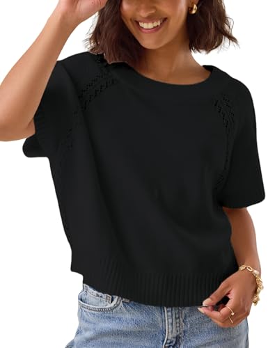 Yeokou Women Knit Crochet Top Short Sleeve Crew Neck Loose