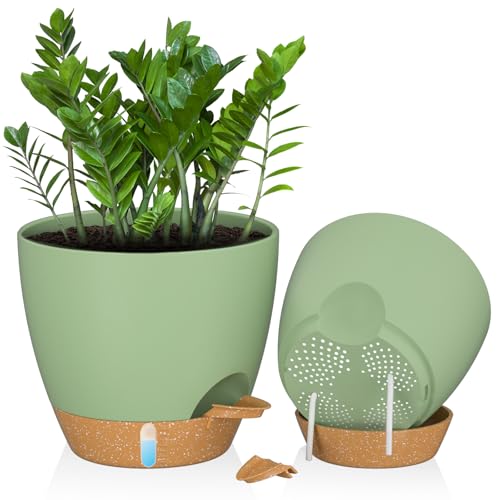 ZMTECH 30 cm Große Blumentöpfe mit Untersetzer, Selbstbewässernde Kunststoff Übertöpfe, Pflanzkübel mit Wasserstand für Innen/Außen (2er-Set, Grün)