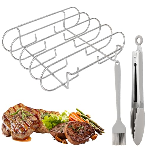 Support Spareribs pour Barbecue, Porte-Côtes en Acier Inoxydable avec Brosse en Silicone et Pince à Barbecue, Grille à Rôtir pour Steak, Compatible BBQ Gaz, Charbon et Four, 31.5 x 26 x 7.3 cm