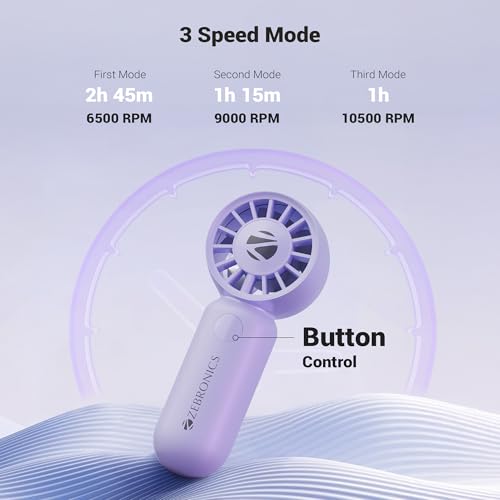 Image of Zebronics Heat Buster 100, Mini Portable Hand Fan, 10500 RPM, 3 Speed Modes with Brushless Motor, Upto 5.4m /s Airflow, Type C Charging, for Travel, Makeup, Office, Home (Purple)