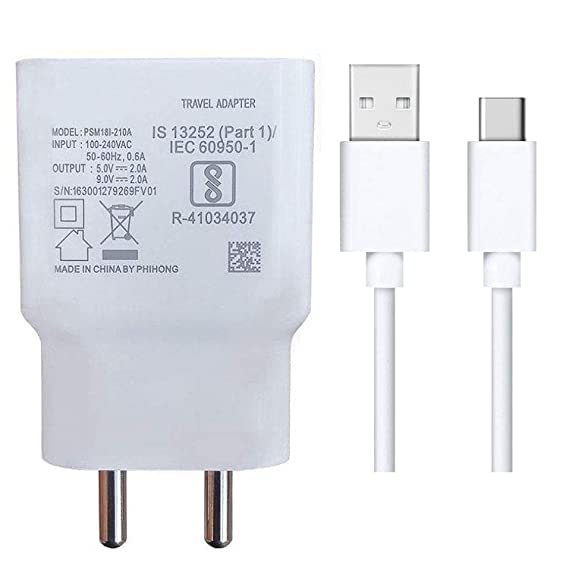 Image of The Black Store Original 18W Type-C Charger for Samsung A31|A 31|M11|Tab S6 Lite|A31|A41|M21 Charger|Qualcomm QC 3.0 Quick CAF, Rapid, Dash, VOOC, USB Type C(Adapter & Cable)-White (83S000734)