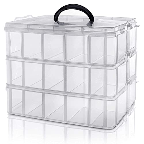 Image of white storage organizer 3 layer 30 grid transparent plastic organizer jewellery craft accessories,multipurpose use- storage box basket container with collapsible and removable dividers.
