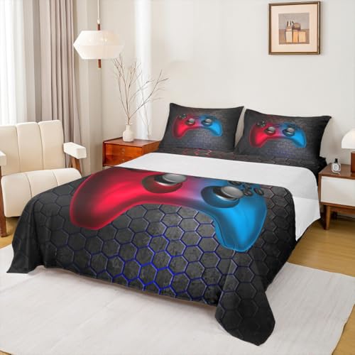Erosebridal Gaming Fitted Sheet for Boys, Gamer Bed Sheets King Size Video Game Sheet Set for Kids Girls Adult, Gamepad Top Flat Sheet Gamer Room Decor for Teen Boys 4 Pieces with 2 Pillow Cases