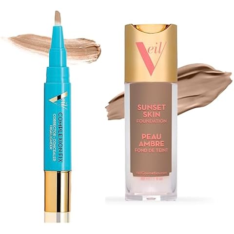 Veil Cosmetics | 1 Complexion Fix Concealer | 1 Sunset Skin Liquid Foundation | Shade 4N | Oil-Free, Liquid, Lightweight & Buildable Coverage | Vegan | Cruelty, Paraben, & Fragrance Free Cover