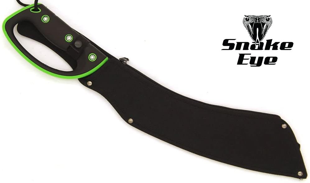 Snake Eye Tactical Full-Tang Machete – Heavy Duty Fixed Blade Survival Tool with Reinforced Nylon Sheath for Camping, Hunting, and Bushcraft (Black & Green)
