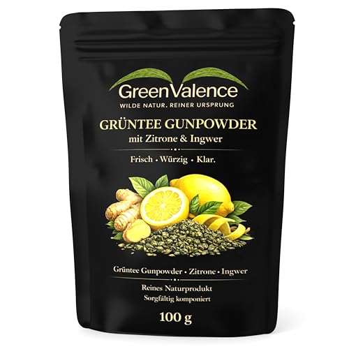 GreenValence Grüntee Gunpowder mit Zitrone & Ingwer - Aromatische Grüntee-Mischung | Frisch & würzig | Natürlich ohne Zusätze | Premium Tee für heiß & kalt, Eistee & bewussten Genuss (100 g)